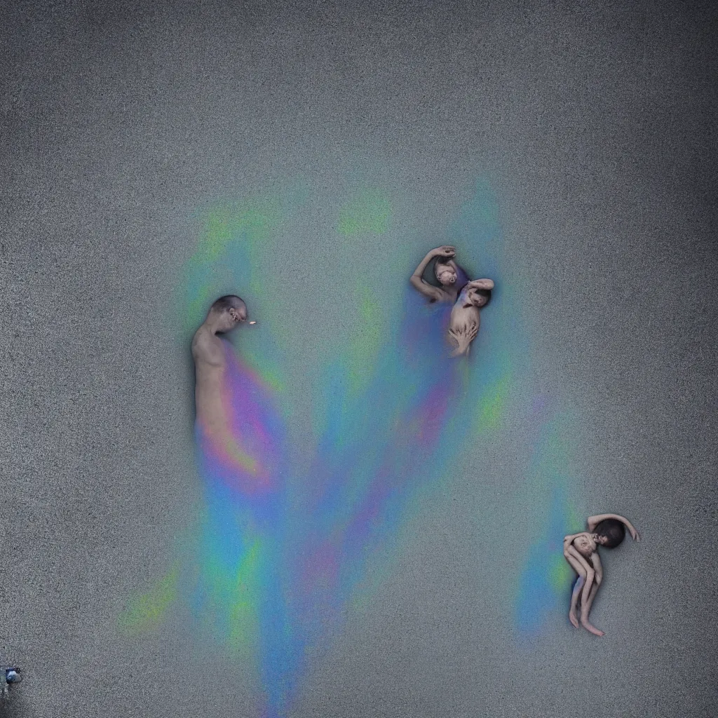 Prompt: overhead view of iridiscent oil slick with a woman's corpse connected by a transparent pipe to a baby buried, faded, depth of field, ultra realistic, very detailed, glitch, by nadav kander, 8 k hyper realistic detailed cinematic