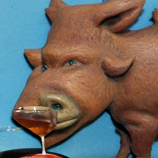 Image similar to an anthropomorphic boar drinking beer