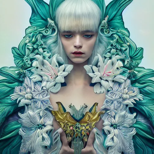 Image similar to pretty model with white wolf, white lilies : : by martine johanna and simon stalenhag and chie yoshii and casey weldon and wlop : : ornate, dynamic, particulate, rich colors, intricate, elegant, highly detailed, vogue, wolf, harper's bazaar art, fashion magazine, smooth, sharp focus, 8 k, octane render