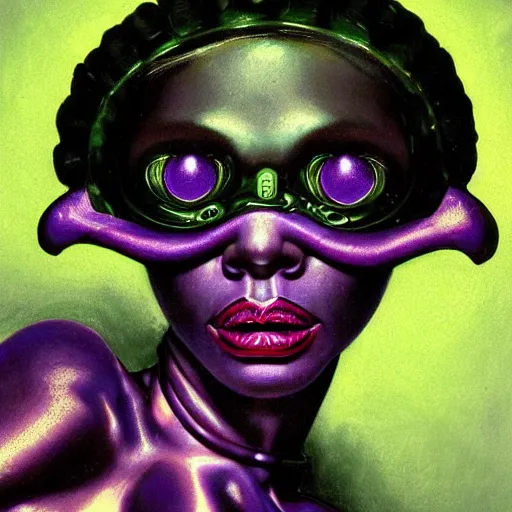 Prompt: a baroque neoclassicist close - up portrait of a retrofuturistic girl black lovecraftian technology with glowing eyes gazing intensely, surrounded by deep green and purple foggy black background. renaissance portrait painting. highly detailed science fiction painting by norman rockwell, frank frazetta, and syd mead. rich colors, high contrast, gloomy atmosphere, dark background. trending on artstation.