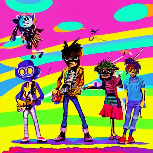 Image similar to album cover for the band gorillaz, by lisa frank, hypersaturated, various colors, ultra detailed, 8 k