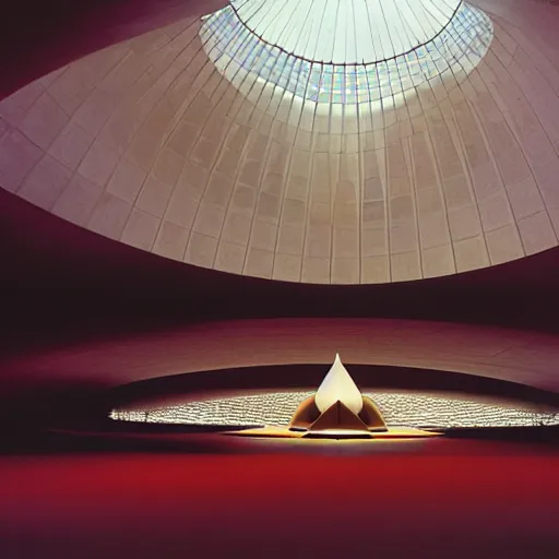 Prompt: dark interior of a futuristic lotus temple with a shafts of sunlight from the roof, gold, red and white marble panels, in the desert, by buckminster fuller and syd mead, intricate contemporary architecture, photo journalism, photography, cinematic, national geographic photoshoot