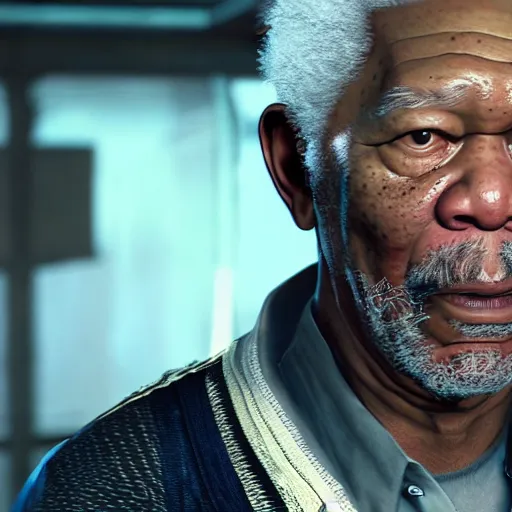 Prompt: a videogame still of Morgan Freeman in Tekken 7, portrait, 40mm lens, shallow depth of field, close up, split lighting, cinematic