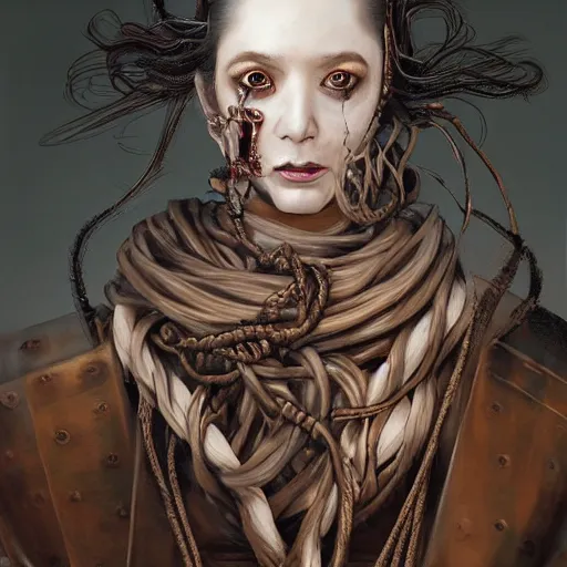 Image similar to portrait of a Shibari rope wrapped face and neck, headshot, insanely nice professional hair style, dramatic hair color, digital painting, of a old 17th century, old cyborg merchant, amber jewels, baroque, ornate clothing, scifi, realistic, hyperdetailed, chiaroscuro, concept art, art by Franz Hals and Jon Foster and Ayami Kojima and Amano and Karol Bak,