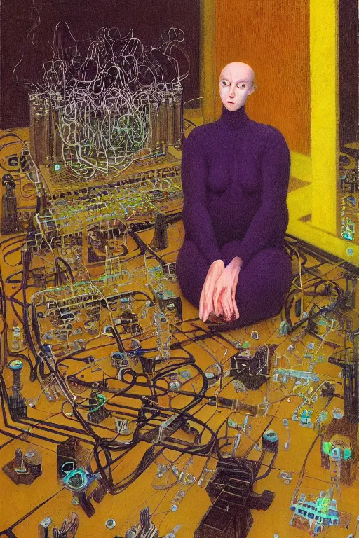 Image similar to realistic portrait of an engineer woman programming the samsara holy cluster, fine portrait, concept art, stunning, visionary, hyper realistic, detailed, by brecht evens, by jean delville, by francis bacon