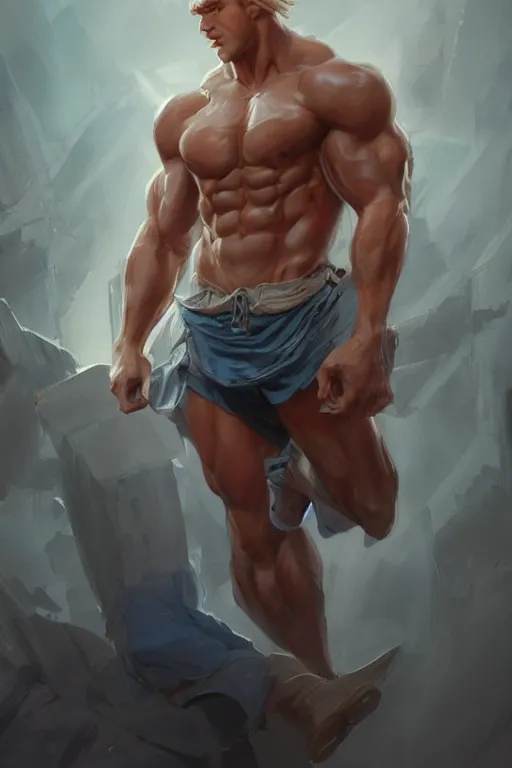 Image similar to Incredibly handsome muscular man, 23 years old, with chiseled jawline, blonde hair, blue eyes by Nuri iyem, James gurney, James Jean, Greg Rutkowski, highly detailed, trending on artstation, artstationHD, artstationHQ, 4k, 8k