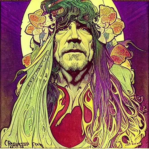 Prompt: “colorfull artwork by Franklin Booth and Alphonse Mucha and Moebius showing a portrait of Robert Plant”