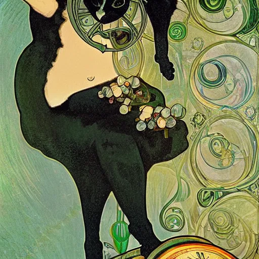 Image similar to a black cat with green eyes, holding a champagne flute filled with blue liquid, green background, in the style of Alphonse Mucha