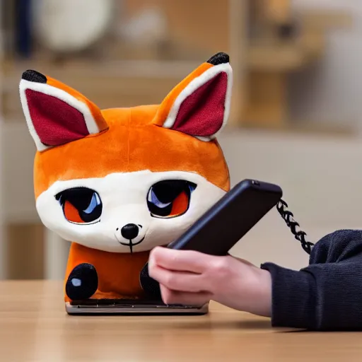 Image similar to cute fumo plush of a fox girl typing on a phone, anime girl, vray