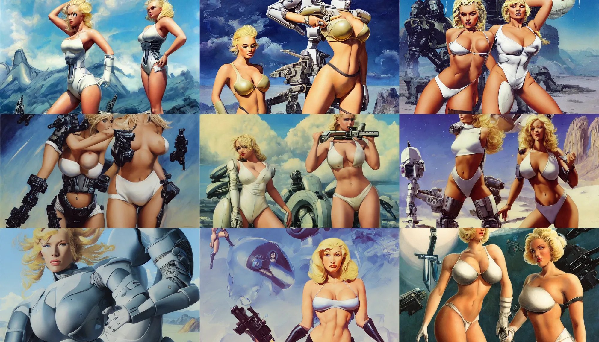 Prompt: A mixed media portrait painting of a very beautiful blonde woman on an alien planet, very curvy, aesthetic! high-waisted white-bikini-armor and boots, cybernetics, starship-troopers-rifle, aesthetic symmetrical face and eyes, model, wet, pacific-rim-mech in background, by Frank Frazetta, Boris Vallejo, Beeple, Greg Rutkowski, Christian MacNevin, eighties pinup style, epic fantasy character art, high fantasy, CGsociety, exquisite detail, post-processing, masterpiece, cinematic