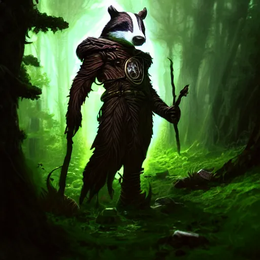 Prompt: Badger nature mage, forest, magic the gathering artwork, D&D, fantasy, cinematic lighting, centered, symmetrical, highly detailed, digital painting, artstation, concept art, smooth, sharp focus, illustration, volumetric lighting, epic Composition, 8k, art by Akihiko Yoshida and Greg Rutkowski and Craig Mullins, oil painting, cgsociety