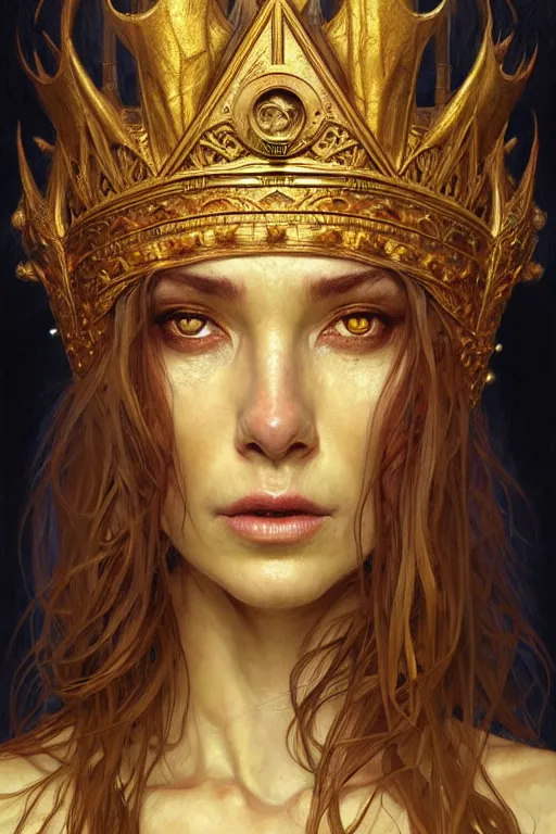 Image similar to Portrait of swamp monster with a golden crown on its head, D&D, face, fantasy, intricate, elegant, highly detailed, digital painting, artstation, concept art, smooth, sharp focus, illustration, art by artgerm and greg rutkowski and alphonse mucha