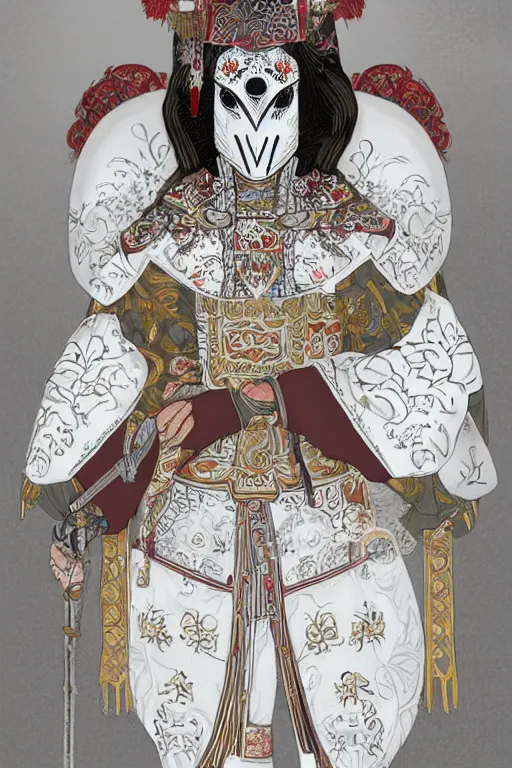 Image similar to female adventurer in tight full - body white embroidered leather armor of vyshyvanka design and a japanese - style white porcelain crow mask, trending in artstation, ukrainian, establishing shot