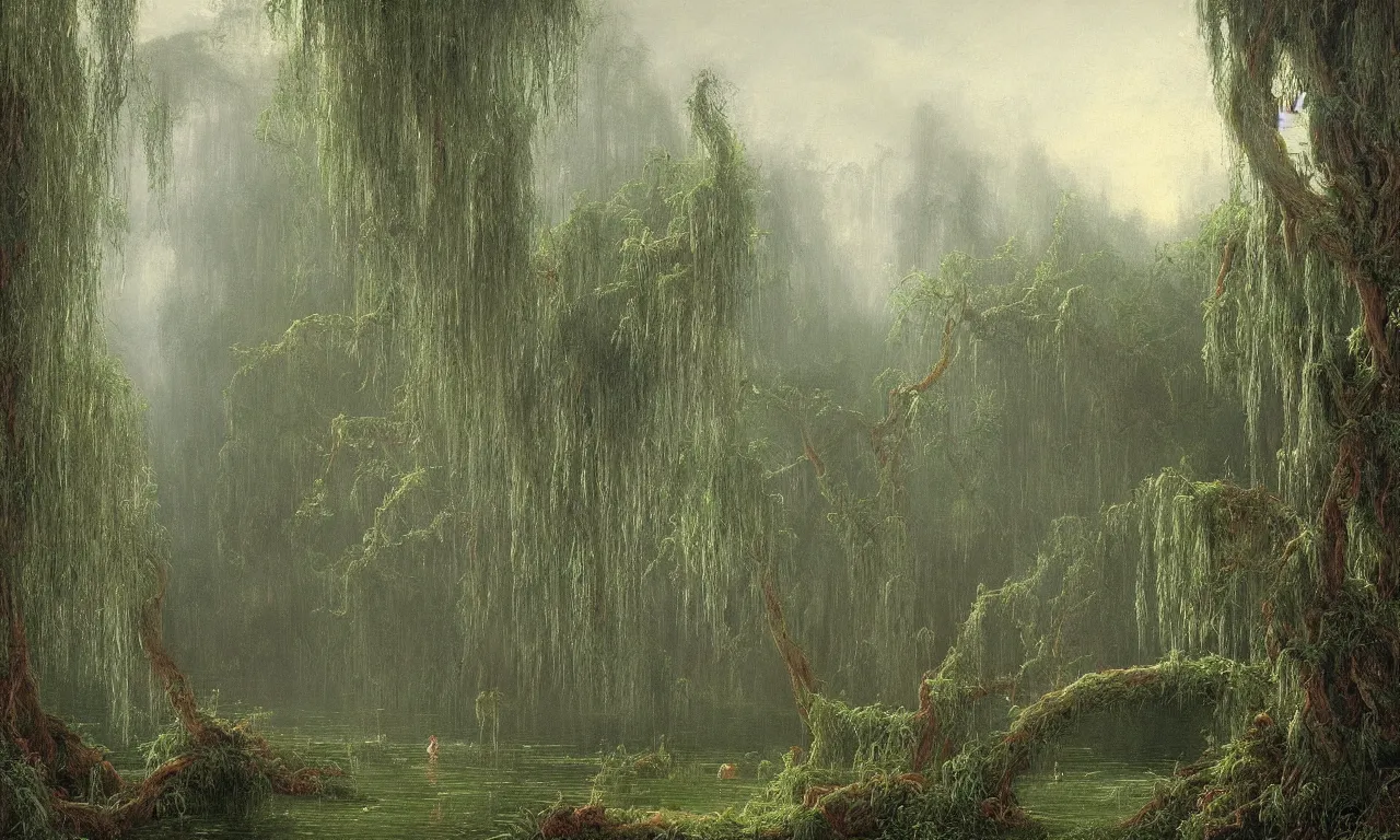 Image similar to weeping willows, misty garden, thomas cole, lord of the ring, intricate details