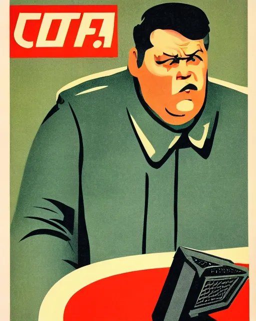 Image similar to soviet propaganda poster of an angry communist developer yelling at his computer