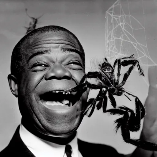 Image similar to louis armstrong winking and holding a giant hairy spider, professional photograph