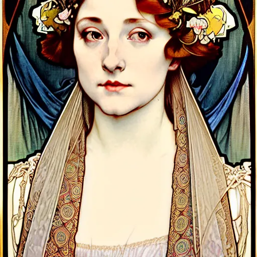 Prompt: realistic detailed face portrait of beautiful young Queen Elizabeth Tudor in the style of Alphonse Mucha by Alphonse Mucha, Ayami Kojima, Yoshitaka Amano, Charlie Bowater, Greg Hildebrandt, Jean Delville, Adam Hughes, Karol Bak, and Mark Brooks, Art Nouveau, Gothic Revival, Pre-Raphaelite, exquisite fine details, deep rich moody colors