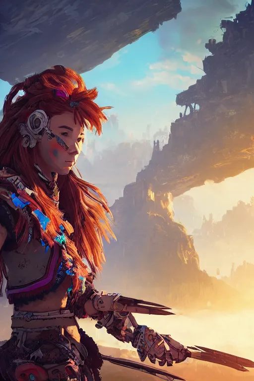 Image similar to combination suit armor aloy horizon forbidden west horizon zero dawn radiating a glowing aura global illumination ray tracing hdr fanart arstation by ian pesty and alena aenami artworks in 4 k tribal robot ninja mask helmet backpack