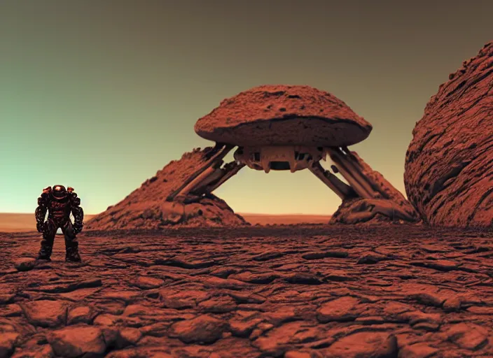 Image similar to “ doom marine, standing on martian rock, in front of mars base, space ship in background, octane render, digital art ”