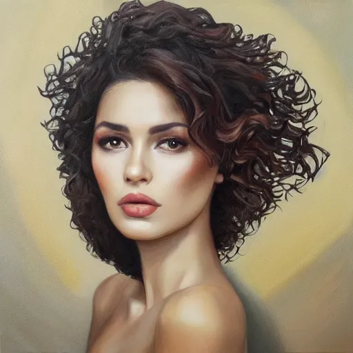 Image similar to beautiful portrait face centre oil on canvas of brunette with curly hairstyle, looks like Ebru Şahin, Reyyan, looks like Fabiula Nascimento, looks like Laura Barriales, intricate, elegant, highly detailed, artstation, concept art, sharp focus, art by Alina Ivanchenko, Rob Ross, WLUP, artgerm