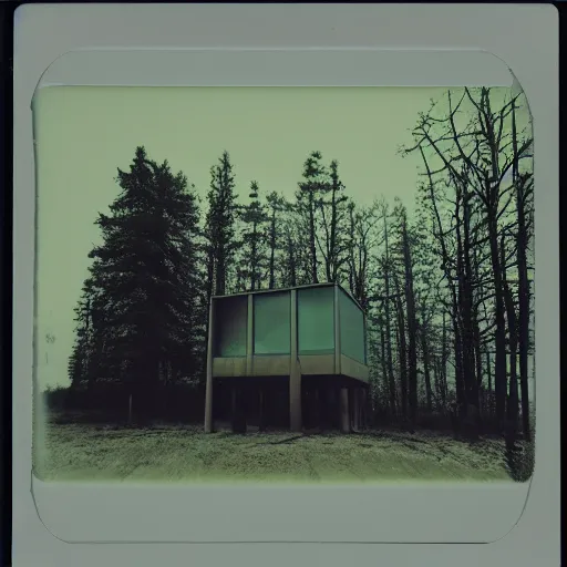 Image similar to concrete structure in a forest clearing at night, neon light, minimalistic architecture, dark, surreal, open space, james turrel, old polaroid, expired film,