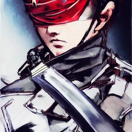 Image similar to portrait of a young white hero using his right arm to grip a katana that is covering his eye by yoji shinkawa, high quality, extra details, realism, ornate, colored, golden chain, blood, white skin, short hair, brown eyes, vivid, sunlight, red headband, black eyepatch, white american soldier, painting, cybernetics, military