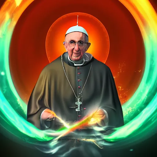 Image similar to Pope John Paul 2 rips fat bong during Arctic bloody sunset, eteric rainbow blazingly glowing fireballs flying around him in circles, high quality, digital painting, high detail, dynamic pose, octane render, hyper realism, cinematic