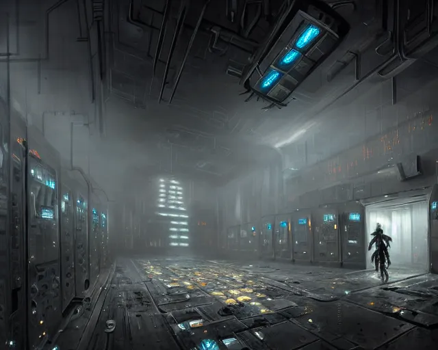 Image similar to robo in gloomy ruined server room in datacenter robot painting concept art of automata rusty steel robot knight colossus welder pacing mono eyed, sharp focus, emitting diodes, smoke, artillery, sparks, racks, motherboard, by pascal blanche rutkowski repin artstation hyperrealism detailed matte painting, 4 k resolution blade runner