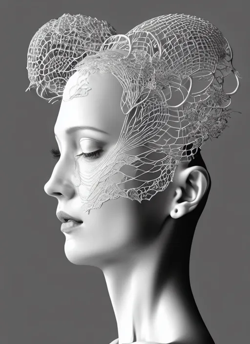 Image similar to complex 3d render ultra detailed of a beautiful porcelain profile woman face, mechanical cyborg, 150 mm, beautiful natural soft light, rim light, silver white gold details, magnolia big leaves and stems, roots, fine foliage lace, maze like, mesh wire, intricate details, hyperrealistic, ultra detailed, mandelbrot fractal, anatomical, red lips, white metal neocubism armor, facial muscles, cable wires, microchip, elegant, octane render, H.R. Giger style, 8k