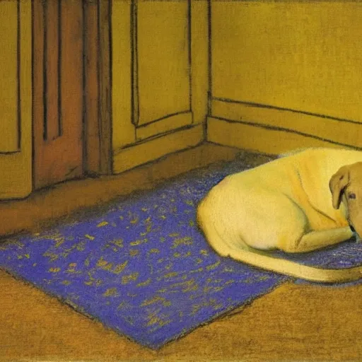 Image similar to degas painting of a yellow lab sleeping contentedly on a patterned rug inside a house at night, lit by warm yellow floodlights