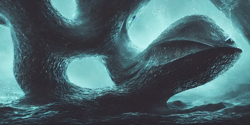 Prompt: of a dark and stormy ocean with large strange cute friendly water creatures with big eyes, mouth and round teeth appearing from the water, in the style of Gehry, macro lens, shallow depth of field, highly detailed, digital painting, trending artstation, concept art, illustration, cinematic lighting, vibrant colors, photorealism, epic, octane render