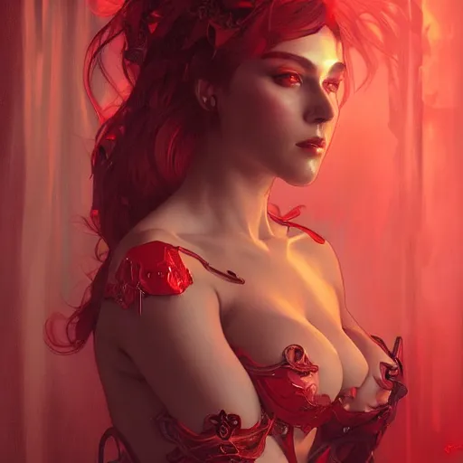 Image similar to Portrait of beautiful demon girl in latex, red lighting, intricate, elegant, highly detailed, digital painting, artstation, smooth, sharp focus, illustration, art by artgerm and greg rutkowski and alphonse mucha