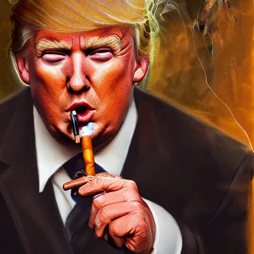 Image similar to a high detail photo of donald trump smoking a cigarrette, subject= donald trump, subject detail: extremly detailed, subject action: smoking a cigar, photorealism, dramatic lighting, award winning photograph, trending on artstation