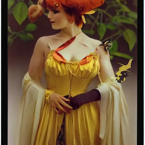 Image similar to elegant woman dressed up as pikachu art photo by Annie Liebovitz and Alphonse Mucha