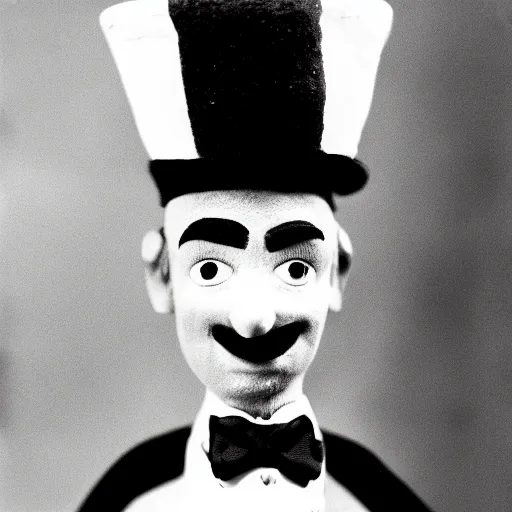 Image similar to black and white mugshot of a male doll, bill murray, he is wearing a top hat, wearing bandit mask, bow tie bandit