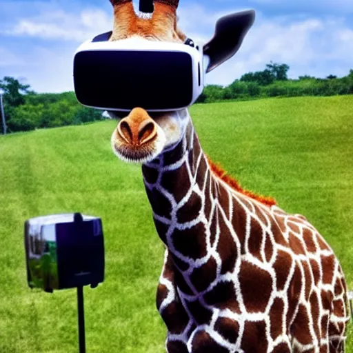 Image similar to a girafe wearing a vr headset