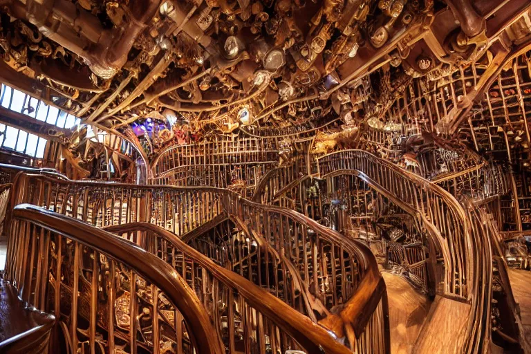 Prompt: the interior of the organ room at house on the rock in wisconsin is full of curved elevated walkways, interwoven catwalks, spiral ramps, and twisted staircases that are surrounded by cluttered arrangements of parts of pipe organs, clock gears, and engine components.
