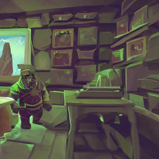 Image similar to A dwarf peeking over his desk surprised like Killroy, the desk is covered in scattered letters, deep rock galactic screenshot, low poly, digital art.