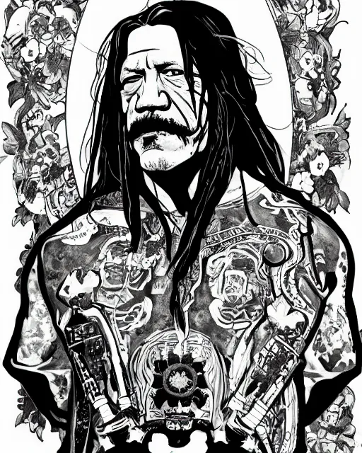 Prompt: a portrait of ( danny trejo ) in the style of alphonse!!! mucha!!!