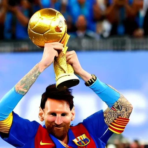 Image similar to super realistic and detailed photo of Lionel Messi lifting the World Cup, wearing the Argentina football team jersey, background out of focus,