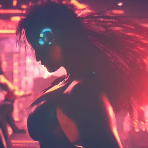 Image similar to closeup of a Cyberpunk woman dancing in a crowd of people in a nightclub, poorly lit, moody, atmospheric, unfocused, digital art, Octane