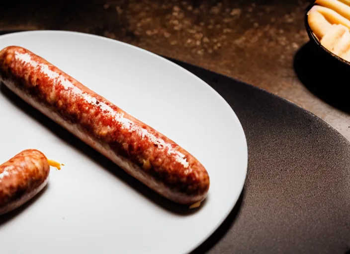 Image similar to A sausage eating a sausage. close up food photography, studio lighting, Sigma 35mm f/1.4