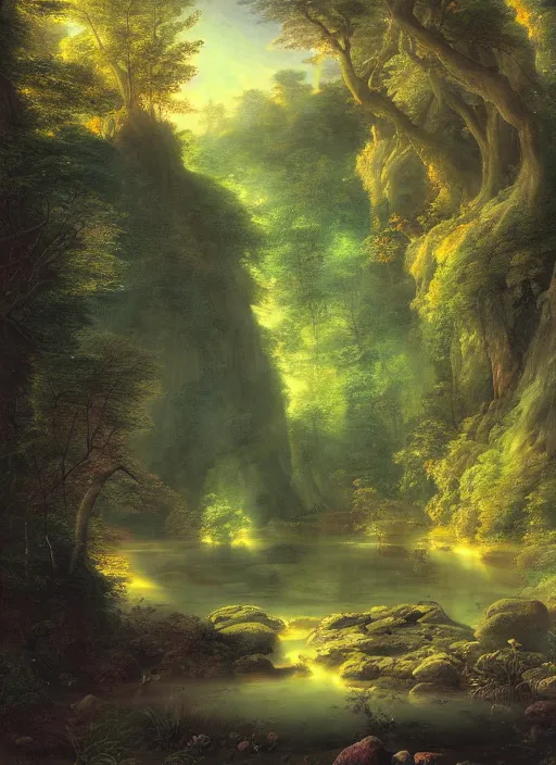 Image similar to a forest oasis, rock pools, harmony of nature, infinite dawn, angelic light, sparkling dew, epic atmosphere, by asher brown durand, by iyoshitaka amano