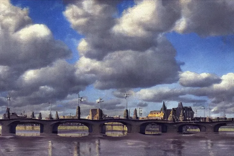 Prompt: dystopian nijmegen waalbrug, omnious hdr clouds, dramatic lighting, magic realism by carel willink, edward hopper, film still