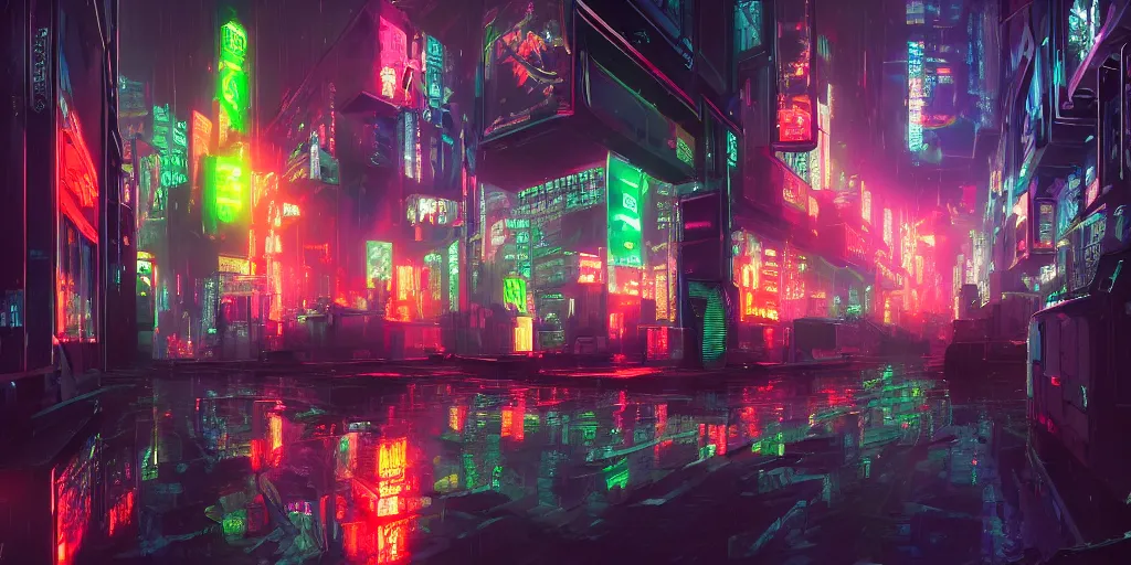 Image similar to cyberpunk atmosphere, very strange, with neons, digital painting, 8 k, by alleyway wookun, eddie mendoza, and john kearney