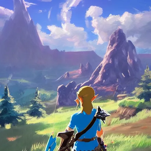 Image similar to oil painting of zelda breath of the wild, mountain in the background. beautiful, rpg, dnd, artstation, artgerm, disney, pixar