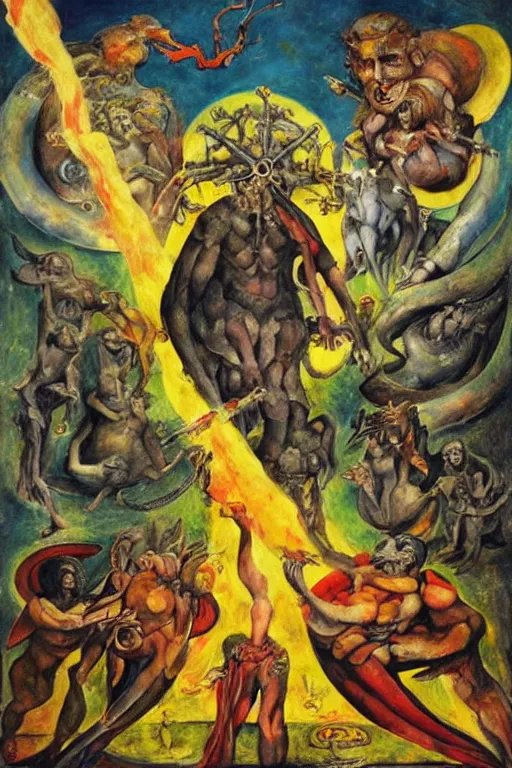 Image similar to surreal the temptation of st anthony, in a post apocalyptic hellscape, esoteric symbolism, intense emotional power, red yellow black, palette knife oil painting by peter booth, josh kirby and william blake