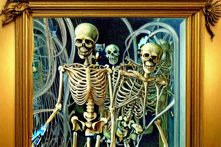 Image similar to realistic extremely detailed portrait painting of a skeleton looking in vintage mirror, alien crowd in background by Jean Delville, Amano, Yves Tanguy, Alphonse Mucha, Ernst Haeckel, Edward Robert Hughes, Roger Dean, rich moody colours, blue eyes