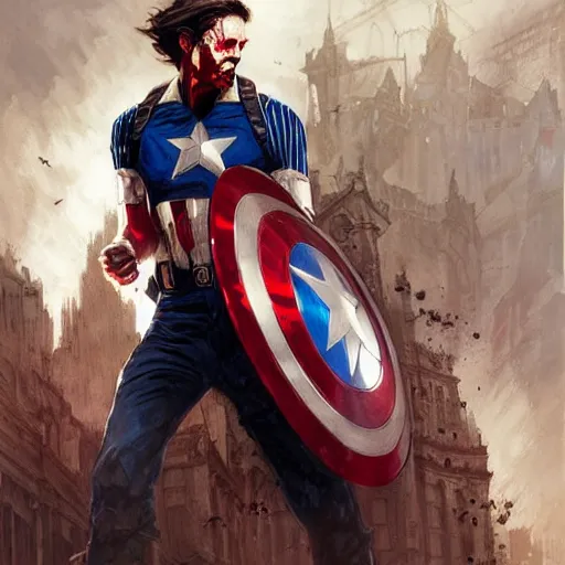 Image similar to capitan america as a zombie, by greg rutkowski, mucha, artgerm,