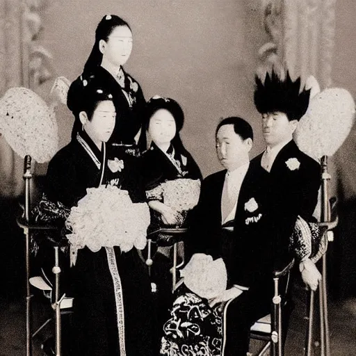 Image similar to A close up shot, colored black and white Russian and Japanese mix historical fantasy a photograph portrait taken at the empress and emperor's royal wedding breakfast, photographic portrait, warm lighting, 1907 photo from the official wedding photographer for the royal wedding.